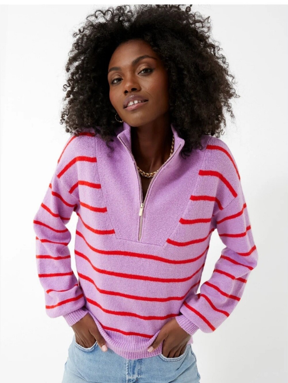 Draper James Lavender Half-Zip Sweater with Red Stripes